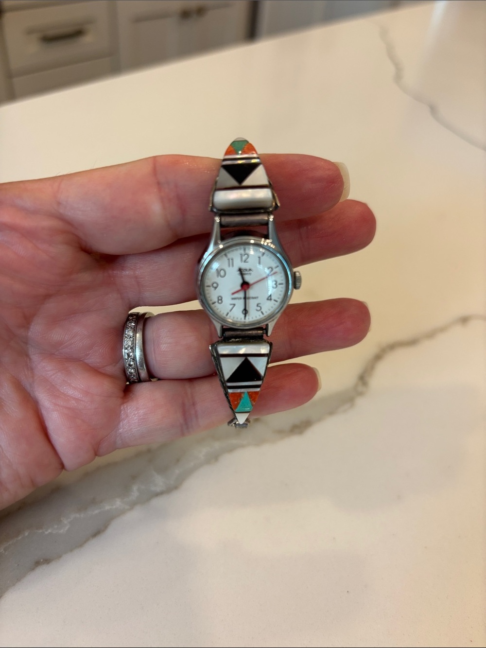 Sterling Zuni Inlay Watch with White Dial